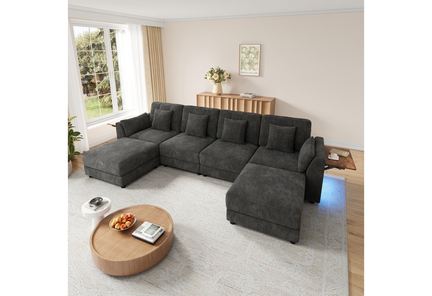 Merax Ecksofa U-Form/L-Form Sofa mit LED-Beleuchtung, Chenille, 292x135x82 cm 1 Teile, 6-Sitzer-Sofa mit 2 Hockern, klappbarem Armlehnen-Tisch & 6 Kissen – Bild 2 von 5