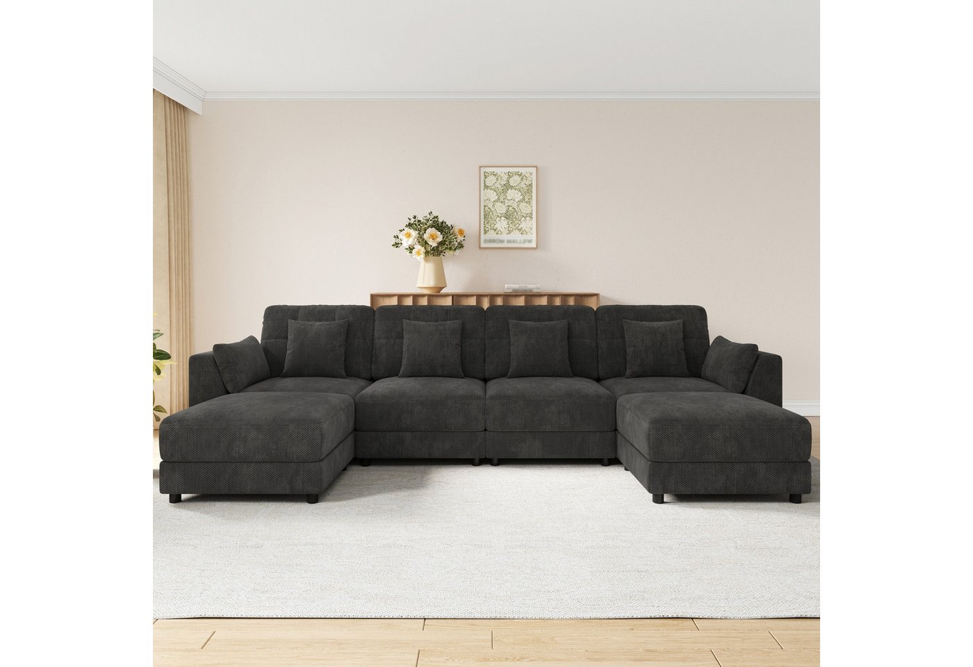 Merax Ecksofa U-Form/L-Form Sofa mit LED-Beleuchtung, Chenille, 292x135x82 cm 1 Teile, 6-Sitzer-Sofa mit 2 Hockern, klappbarem Armlehnen-Tisch & 6 Kissen – Bild 3 von 5