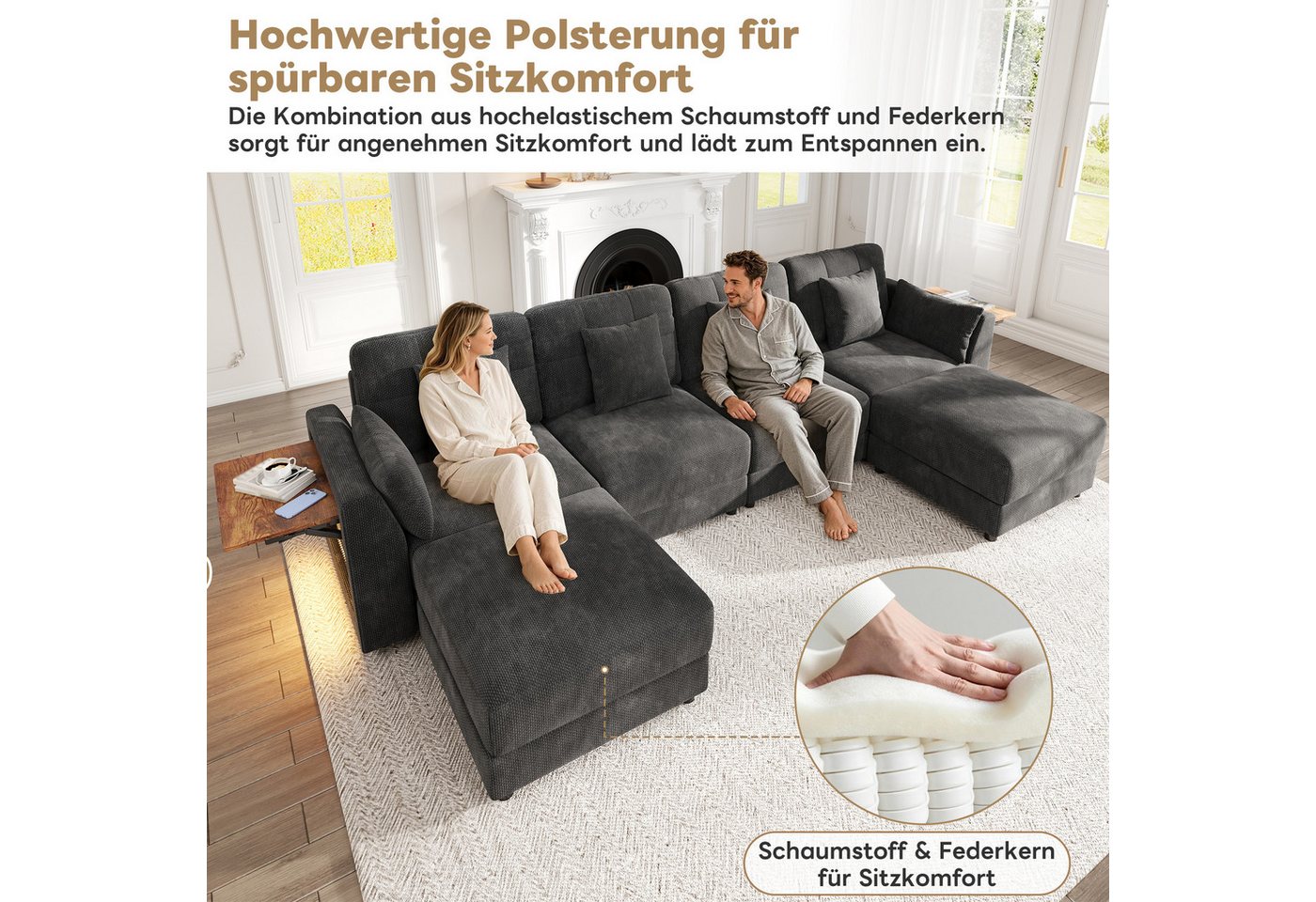 Merax Ecksofa U-Form/L-Form Sofa mit LED-Beleuchtung, Chenille, 292x135x82 cm 1 Teile, 6-Sitzer-Sofa mit 2 Hockern, klappbarem Armlehnen-Tisch & 6 Kissen – Bild 4 von 5