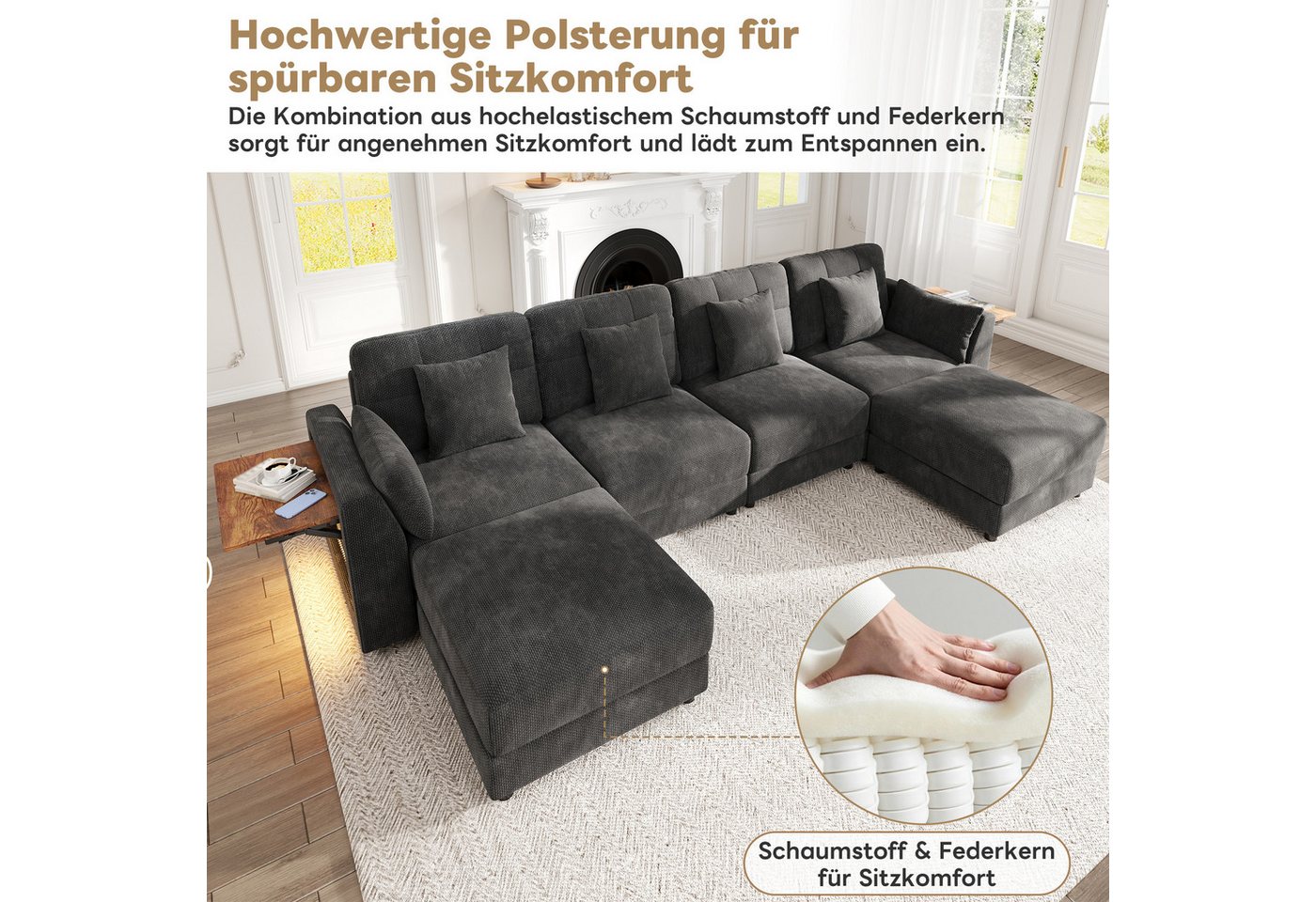 Merax Ecksofa U-Form/L-Form Sofa mit LED-Beleuchtung, Chenille, 292x135x82 cm 1 Teile, 6-Sitzer-Sofa mit 2 Hockern, klappbarem Armlehnen-Tisch & 6 Kissen – Bild 5 von 5