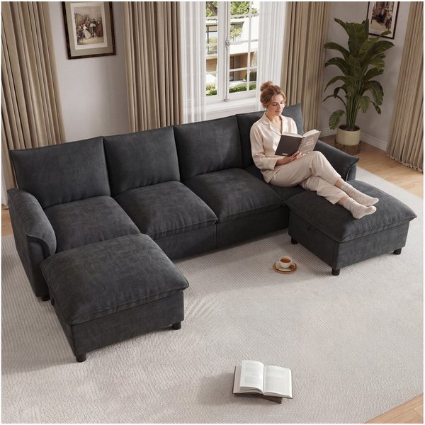 Merax Ecksofa U-Form Sofa, 4-Sitzer Cloud-Sofa mit 2 Fußhockern, mit Bettkasten, 1 Teile, Modulares Ecksofa, Chenille Couch Mit Stauraum, Soffa, Wohnzimmersofa