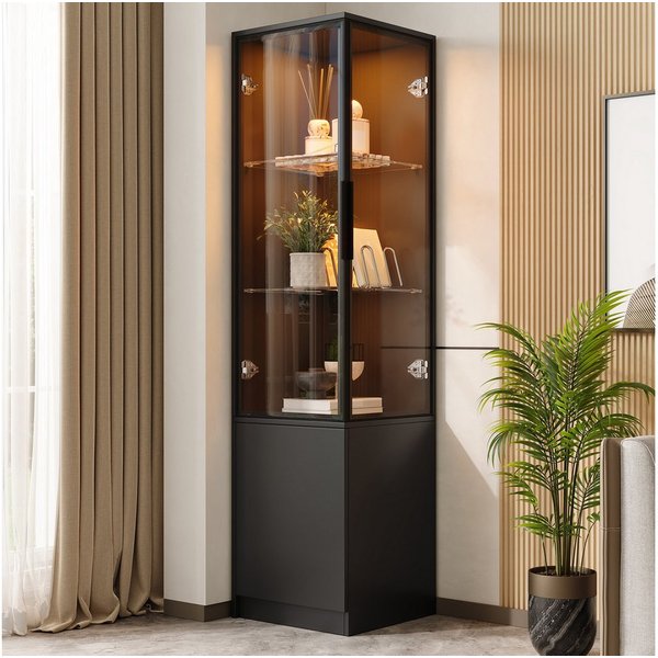 Merax Eckvitrine mit LED-Beleuchtung, Standvitrine mit Türen aus gehärtetem Glas (1-St., 40x40x160 cm) Vitrine mit Aluminiumrahmen & Glasböden, Vitrinenschrank 