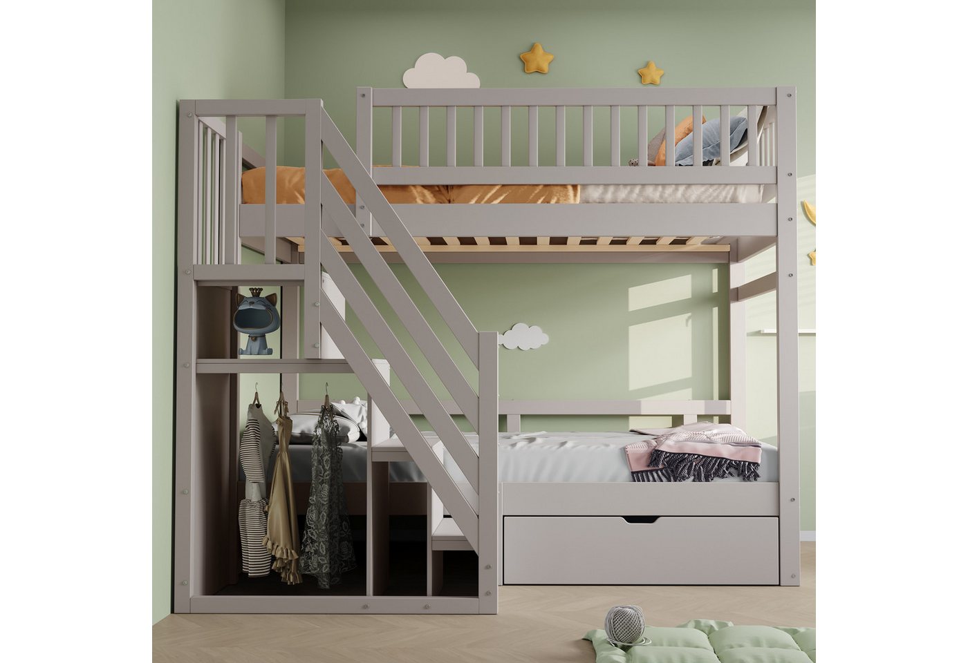 Merax Etagenbett (1-St., Hochbett Stockbett mit Sicherheitszaun), Massivholzbett Kinderbett 90x200cm mit Stauraumtreppe und Schublade – Bild 2 von 5