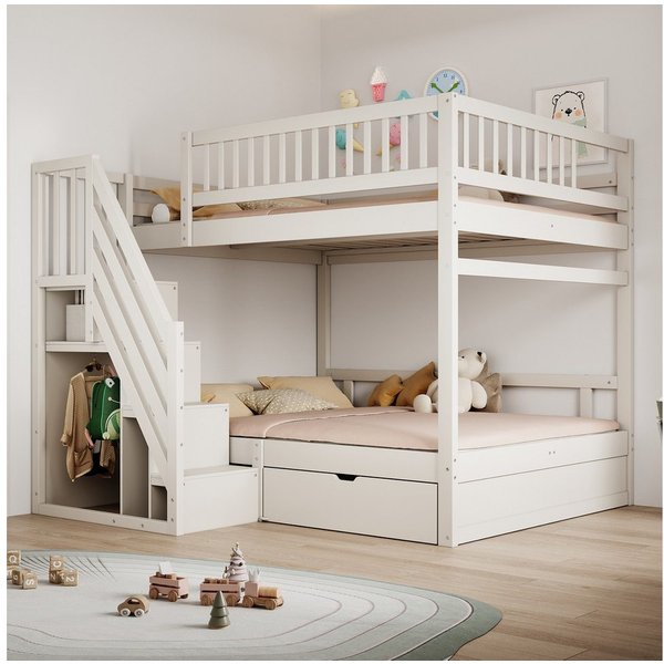 Merax Etagenbett (1-St., Hochbett Stockbett mit Sicherheitszaun), Massivholzbett Kinderbett 140x200cm mit Stauraumtreppe & Schublade