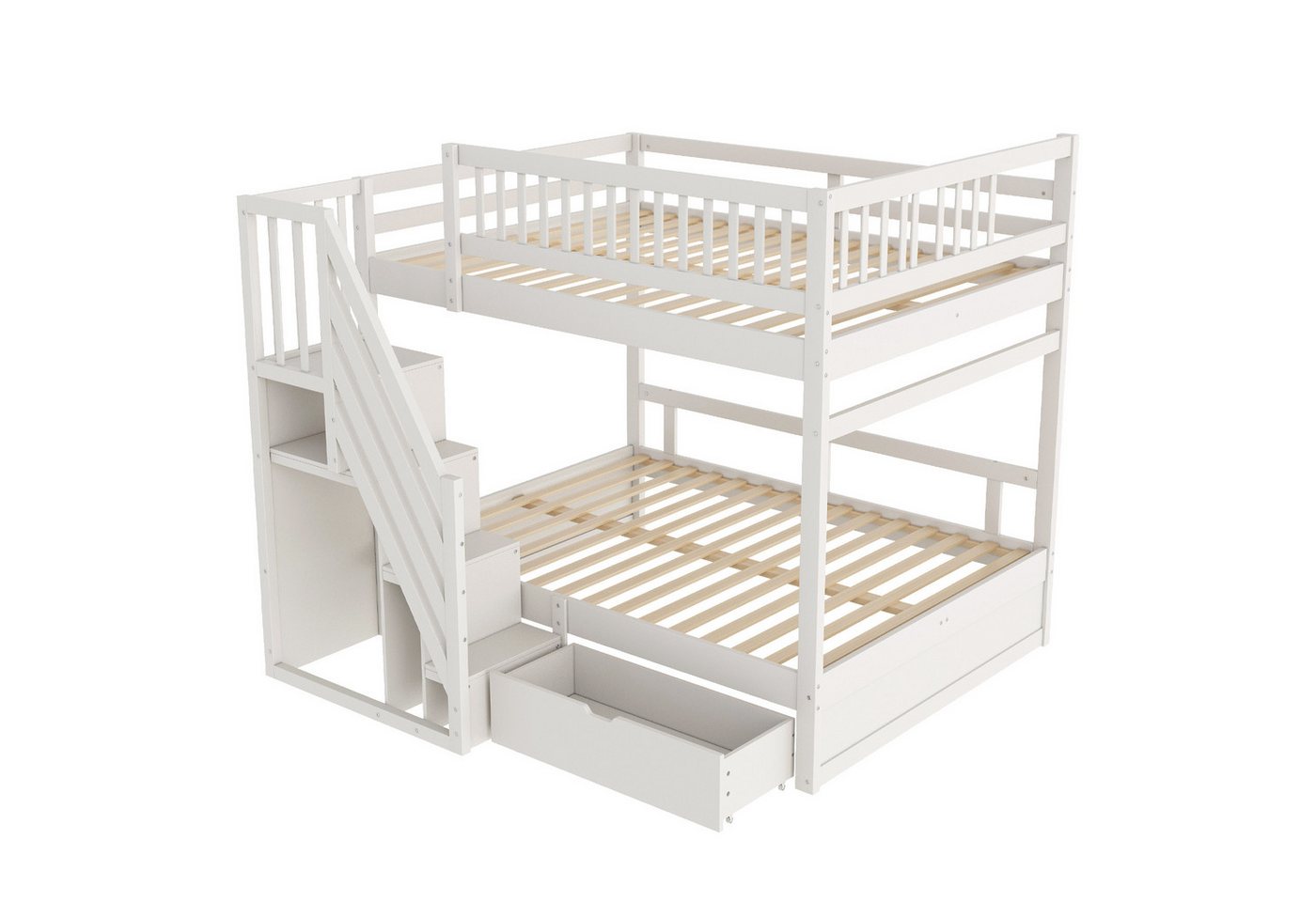 Merax Etagenbett (1-St., Hochbett Stockbett mit Sicherheitszaun), Massivholzbett Kinderbett 140x200cm mit Stauraumtreppe & Schublade – Bild 5 von 5
