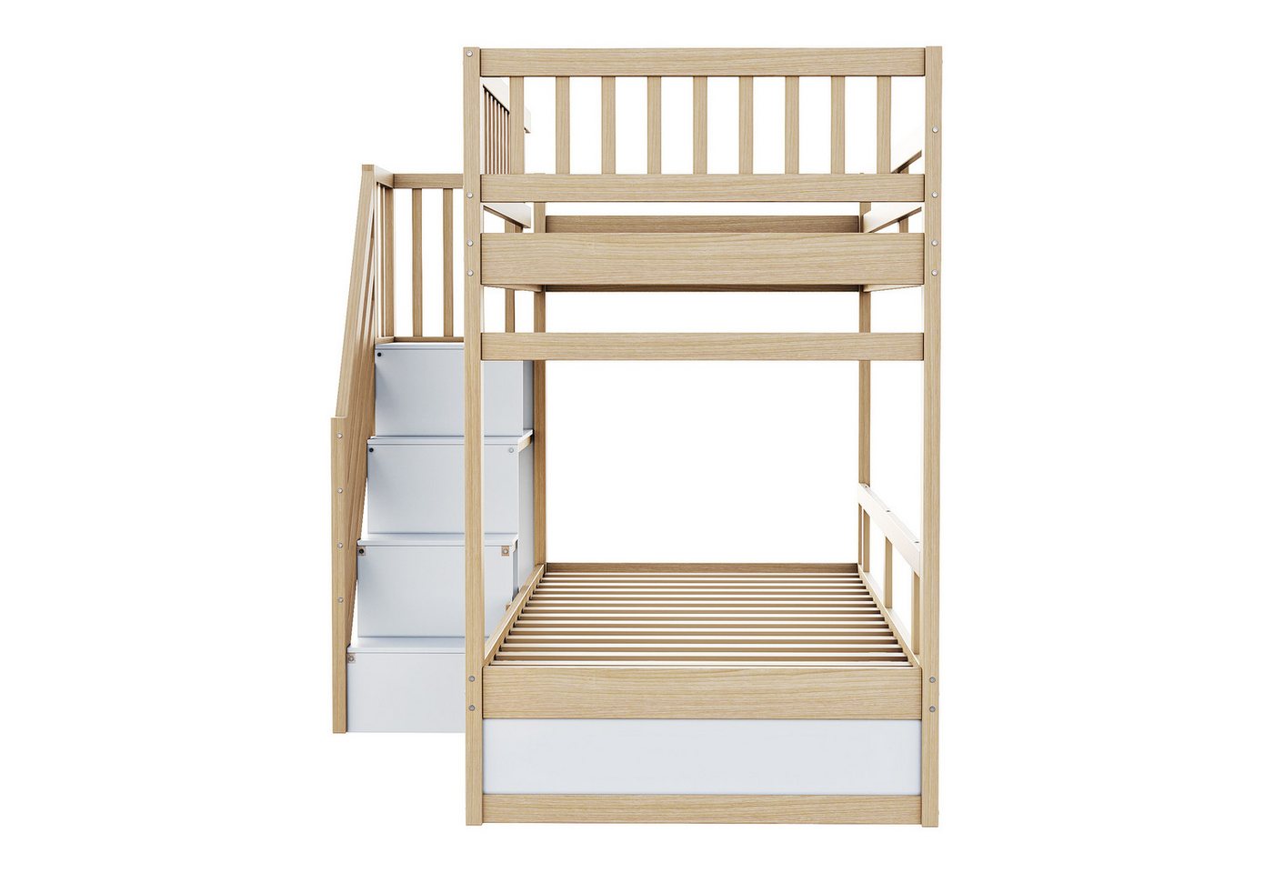 Merax Etagenbett (1-St., Hochbett Stockbett mit Sicherheitszaun), Massivholzbett Kinderbett 90x200cm mit Stauraumtreppe und Schublade – Bild 5 von 5