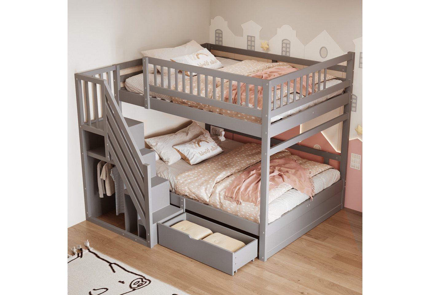 Merax Etagenbett (1-St., Hochbett Stockbett mit Sicherheitszaun), Massivholzbett Kinderbett 140x200cm mit Stauraumtreppe & Schublade – Bild 3 von 5