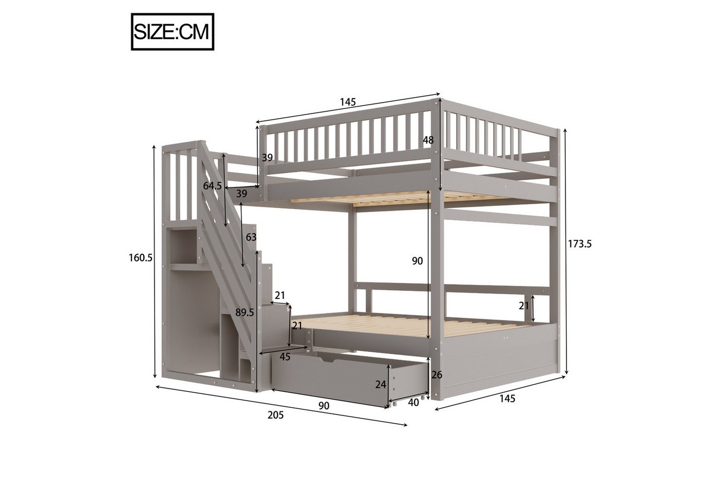 Merax Etagenbett (1-St., Hochbett Stockbett mit Sicherheitszaun), Massivholzbett Kinderbett 140x200cm mit Stauraumtreppe & Schublade – Bild 4 von 5
