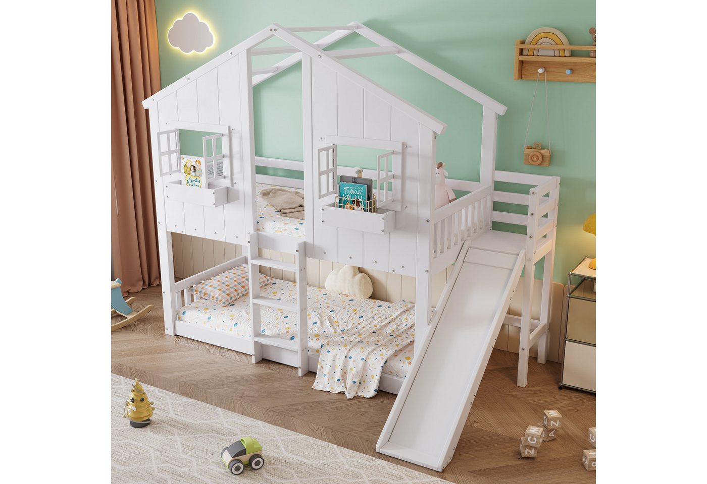 Merax Etagenbett (1-St., Hochbett Stockbett Hausbett), Kiefer Kinderbett 90x200cm mit Rutsche Dach Fenster Fallschutz Leiter – Bild 3 von 5