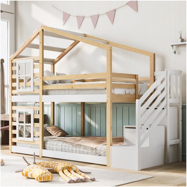 Merax Etagenbett, mit Treppen und Rausfallschutz, Kinderbett Hochbett Kiefer, Einzelbett