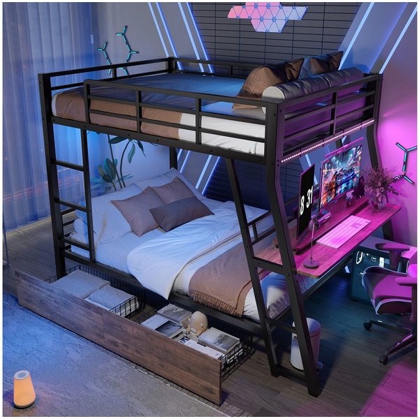 Merax Etagenbett mit LED-Beleuchtung (1-St), Metallbett Hochbett 140x200cm mit Schreibtisch Schubladen und Geländer