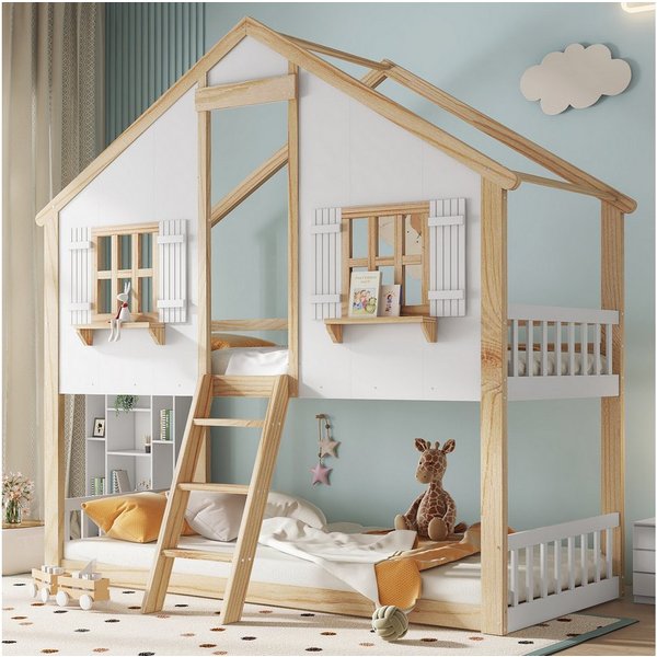 Merax Etagenbett Stockbett (1-St., Jugendbett Doppelbett Hausbett), Kiefer Kinderbett 90x200cm mit Dach, Fenstern, Geländer & Schrägleiter