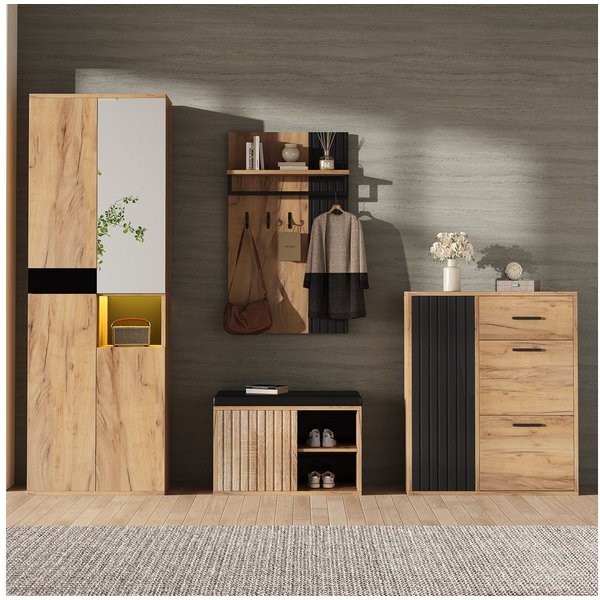 Merax Garderoben-Set 4-teilig Garderobenset, (1-St., Kleiderschrank, Schuhschrank, Schuhbank & Wandgarderobe), Flurmöbel, 215×36×190 cm