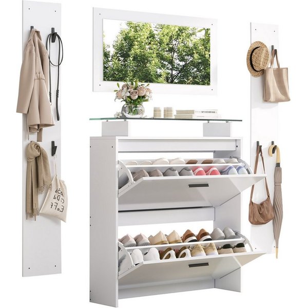 Merax Garderoben-Set 4-teilig mit Spiegel,2 Wandpaneelen,Glasablage,Hochglanz-Schuhschrank, (4-St), Kompakte Flurgarderobe mit 8 Haken, Weiß