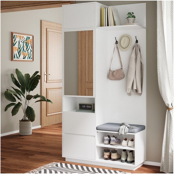 Merax Garderoben-Set 5-in-1 Kompaktgarderobe Scandi Garderobenkombination, (1-St., 90 L × 34,5 B × 190 H (cm), Flurgarderoben Set mit Spiegel Sitzbank Schuhrega