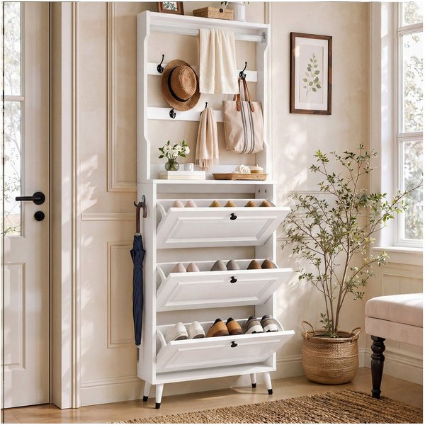 Merax Garderoben-Set, (1-St., Kompakte Diele, Garderobenschrank, 66x17x180cm), Flurgarderobe mit Schuhschrank, 3 Klapptüren, Haken & Kleiderstange