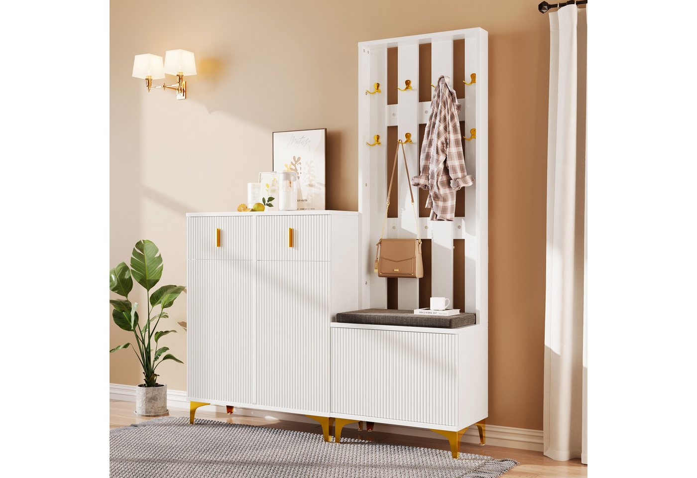 Merax Garderoben-Set Dolly, (Garderobenkombination, 3-St., Garderobenfront mit Haken), Schuhschrank mit Schubladen & Türen, Möbelset mit Schuhbank & Kissen – Bild 2 von 5