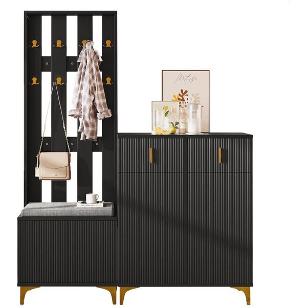 Merax Garderoben-Set Dolly, (Garderobenkombination, 3-St., Garderobenfront mit Haken), Schuhschrank mit Schubladen & Türen, Möbelset mit Schuhbank & Kissen