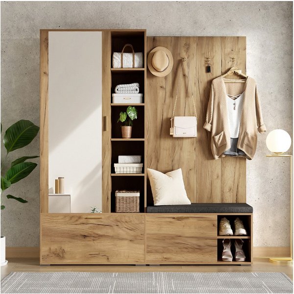 Merax Garderoben-Set Garderobenset, Schuhschrank mit Klappen, Sitzbank, (1-St., Kleiderschrank mit ausziehbarer Kleiderstange, 4 Haken, Spiegel), Garderobenstän