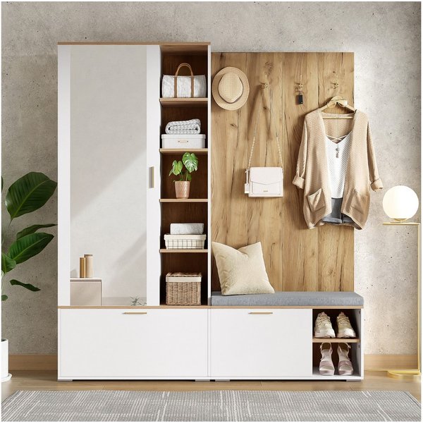 Merax Garderoben-Set Garderobenset, Schuhschrank mit Klappen, Sitzbank, (1-St., Kleiderschrank mit ausziehbarer Kleiderstange, 4 Haken, Spiegel), Garderobenstän
