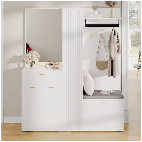 Merax Garderoben-Set Garderobenset, schmale Wandgarderobe, (1-St., mit Spiegel, Kleiderstange, 3 Türen, Klappen, Schublade, 3 Haken), Sitzbank, Flurschrank, Sch