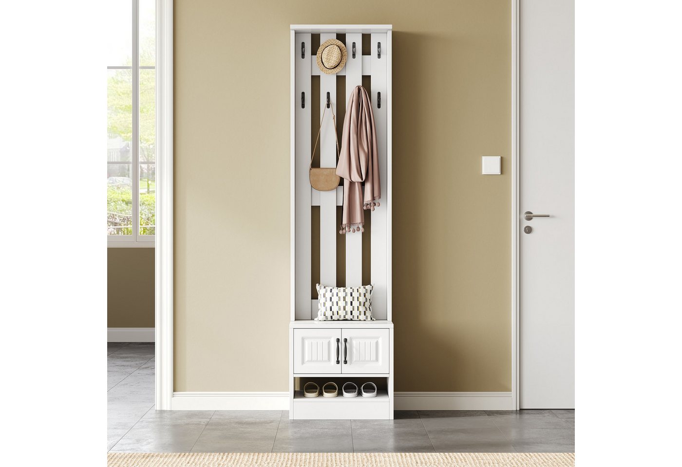 Merax Garderoben-Set Garderobenständer, 2-in-1 Garderobe, (1-St., mit Schuhschrank und 8 Haken, Flurmöbel), Flurgarderobe, Garderobenbank, 50×36×190 cm – Bild 2 von 5