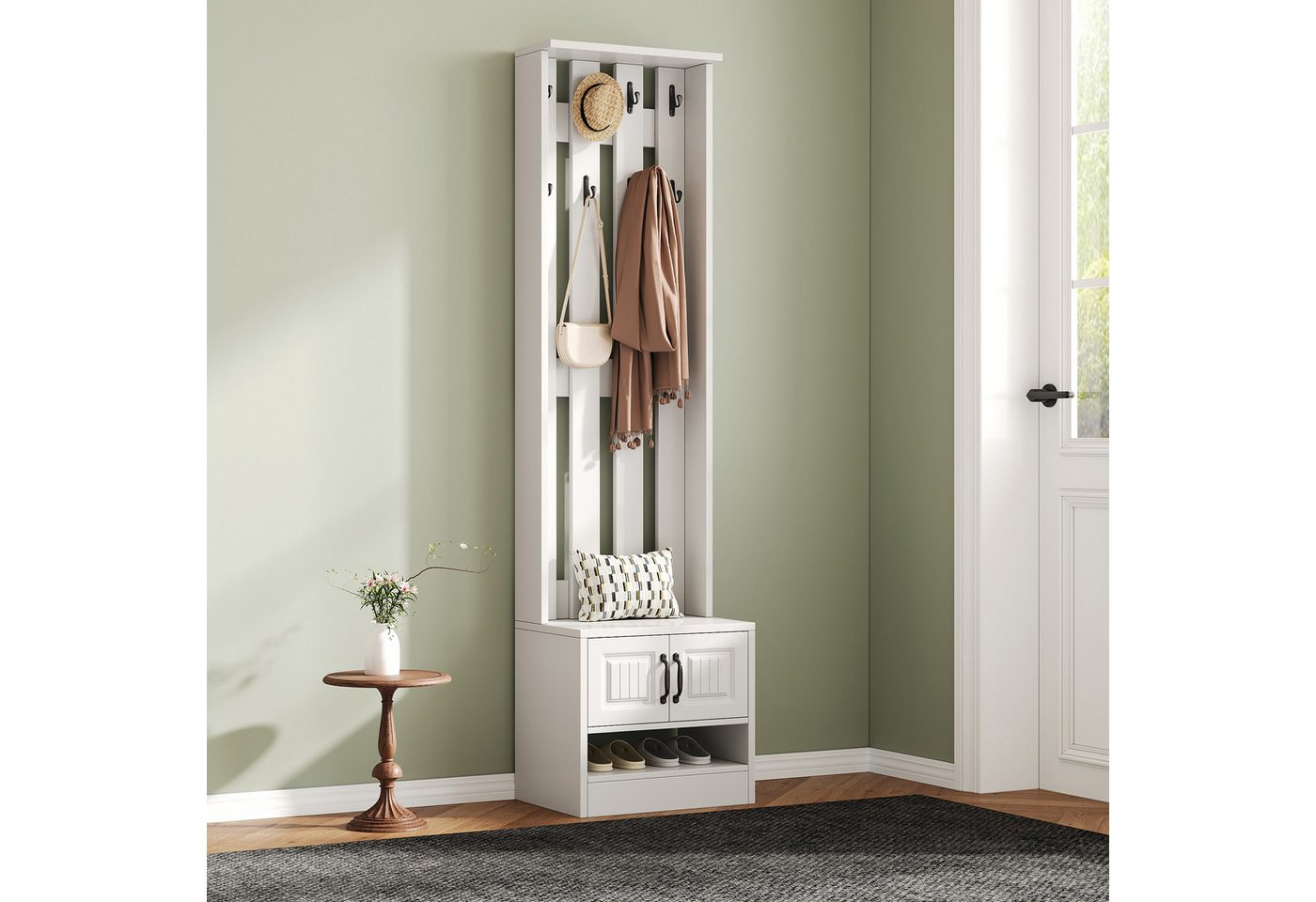 Merax Garderoben-Set Garderobenständer, 2-in-1 Garderobe, (1-St., mit Schuhschrank und 8 Haken, Flurmöbel), Flurgarderobe, Garderobenbank, 50×36×190 cm – Bild 3 von 5