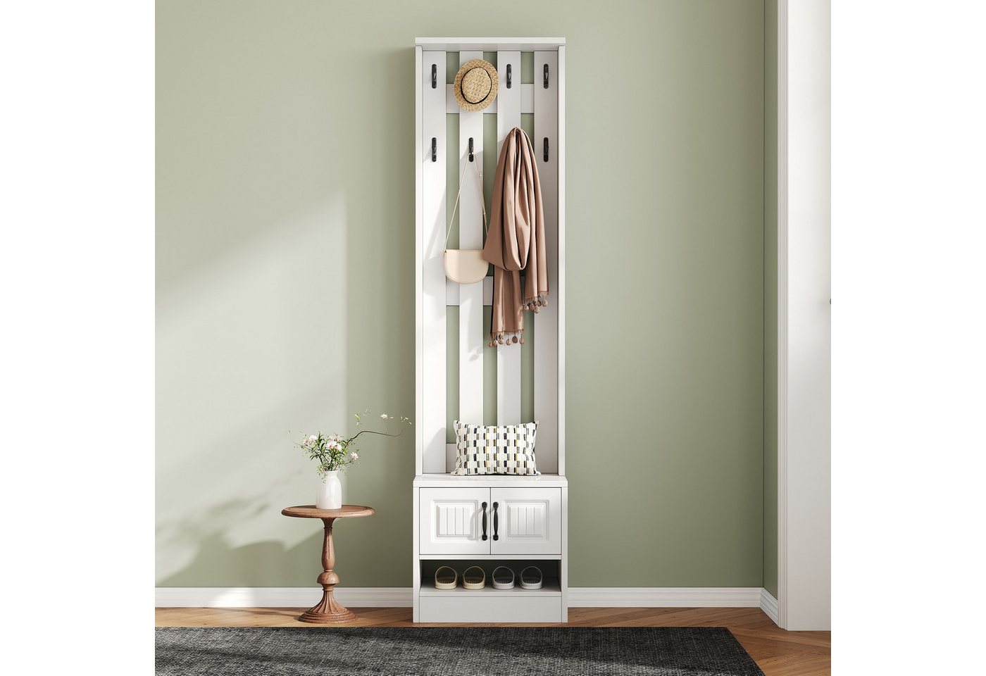 Merax Garderoben-Set Garderobenständer, 2-in-1 Garderobe, (1-St., mit Schuhschrank und 8 Haken, Flurmöbel), Flurgarderobe, Garderobenbank, 50×36×190 cm – Bild 4 von 5