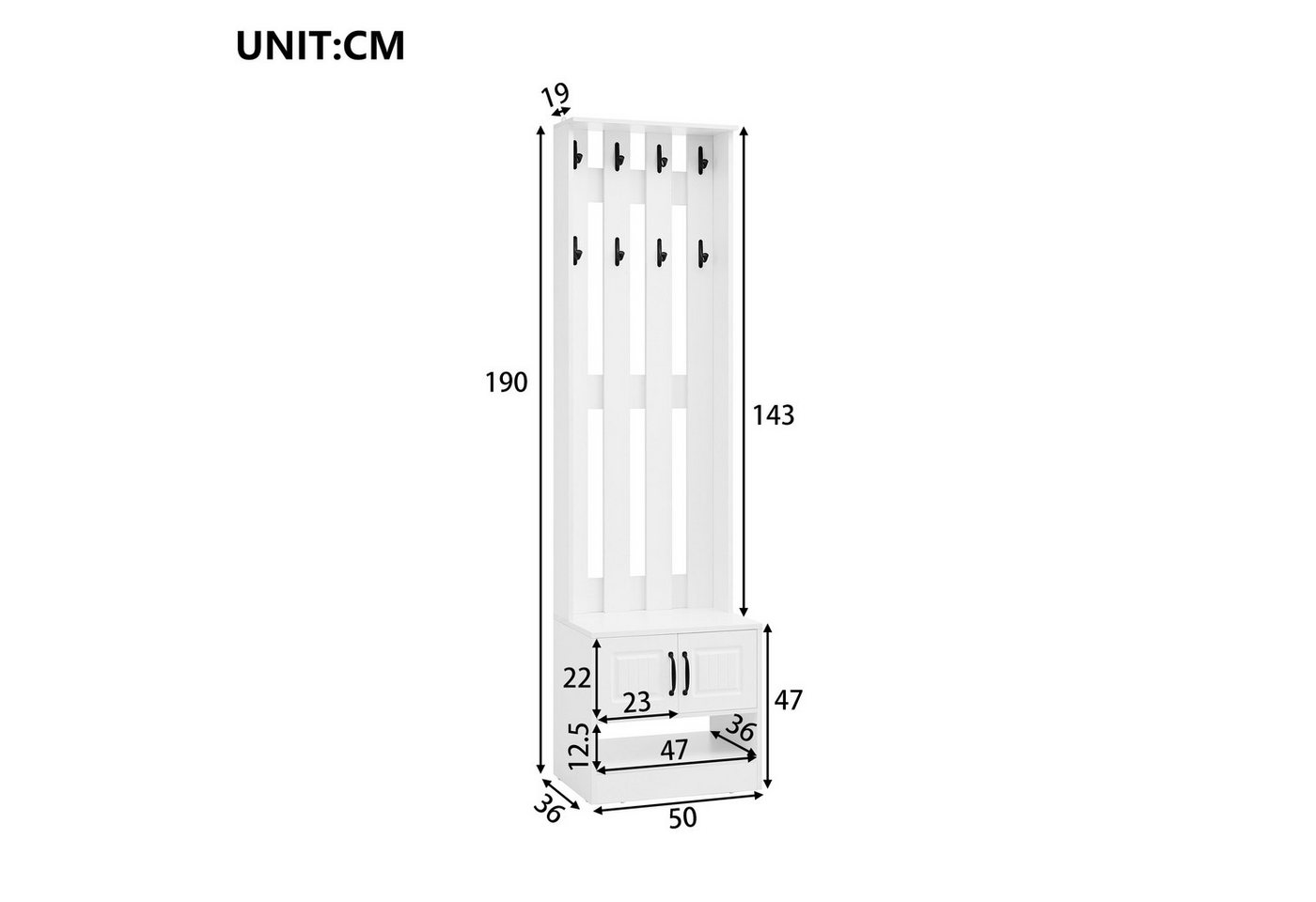 Merax Garderoben-Set Garderobenständer, 2-in-1 Garderobe, (1-St., mit Schuhschrank und 8 Haken, Flurmöbel), Flurgarderobe, Garderobenbank, 50×36×190 cm – Bild 5 von 5