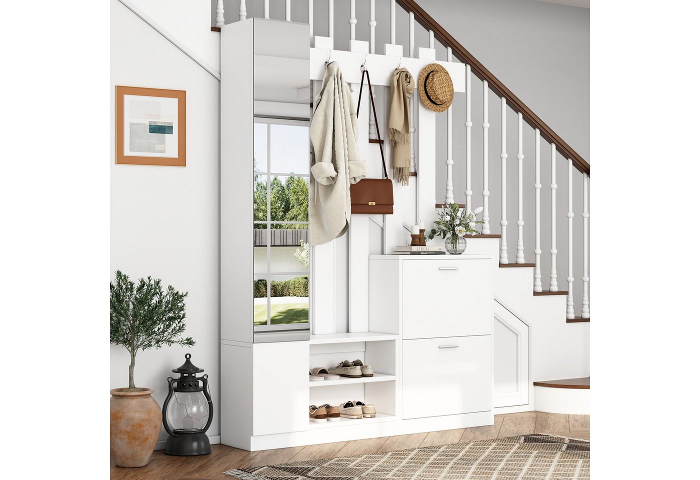 Merax Garderoben-Set in Weiß, Kompaktgarderobe mit Hängeregal, (Kompaktgarderobe, 1-St., 135x25x180cm), Flurschrank mit Spiegel, 2 Klapptür-Schuhschränken und 5 – Bild 2 von 5