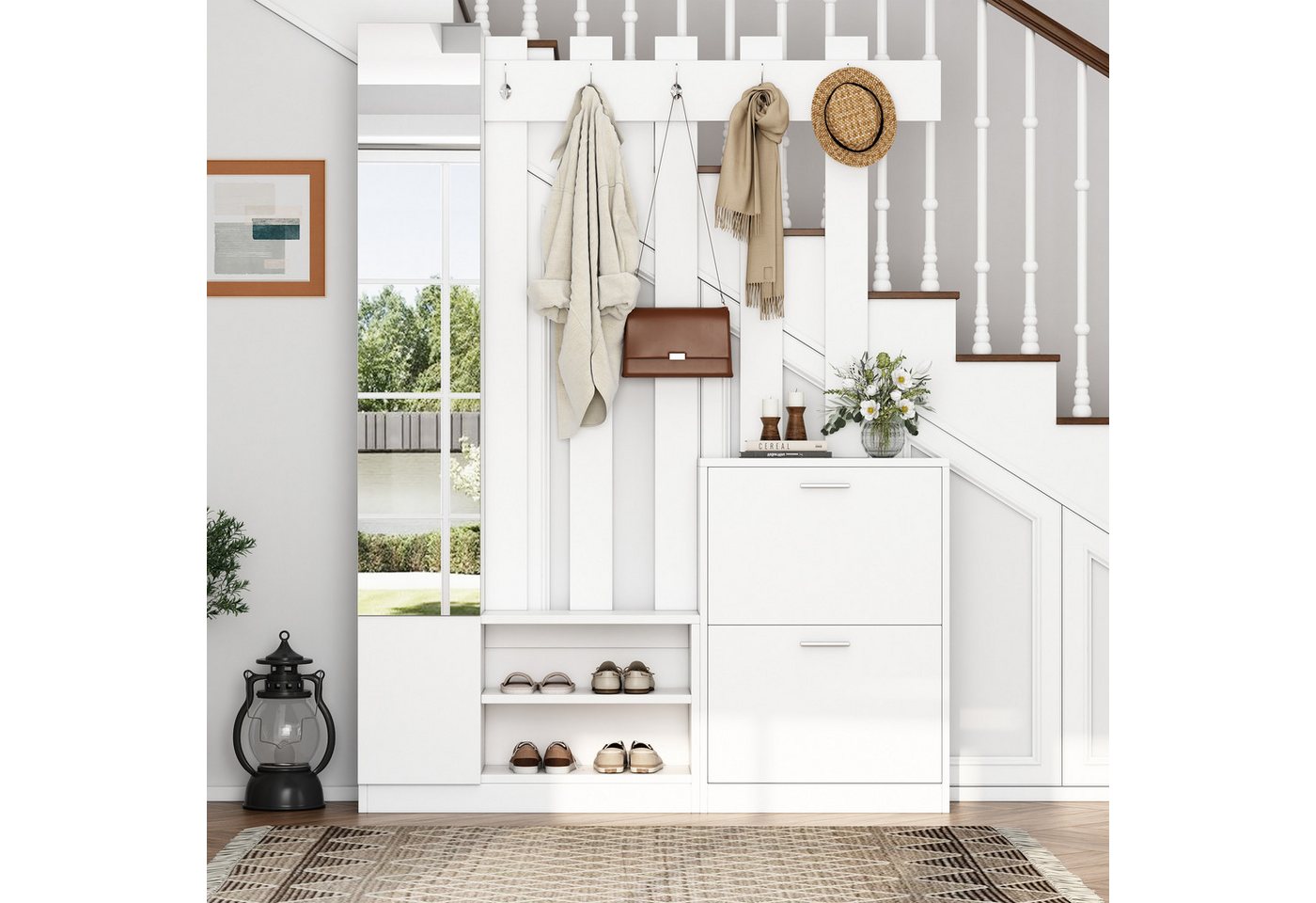 Merax Garderoben-Set in Weiß, Kompaktgarderobe mit Hängeregal, (Kompaktgarderobe, 1-St., 135x25x180cm), Flurschrank mit Spiegel, 2 Klapptür-Schuhschränken und 5 – Bild 3 von 5