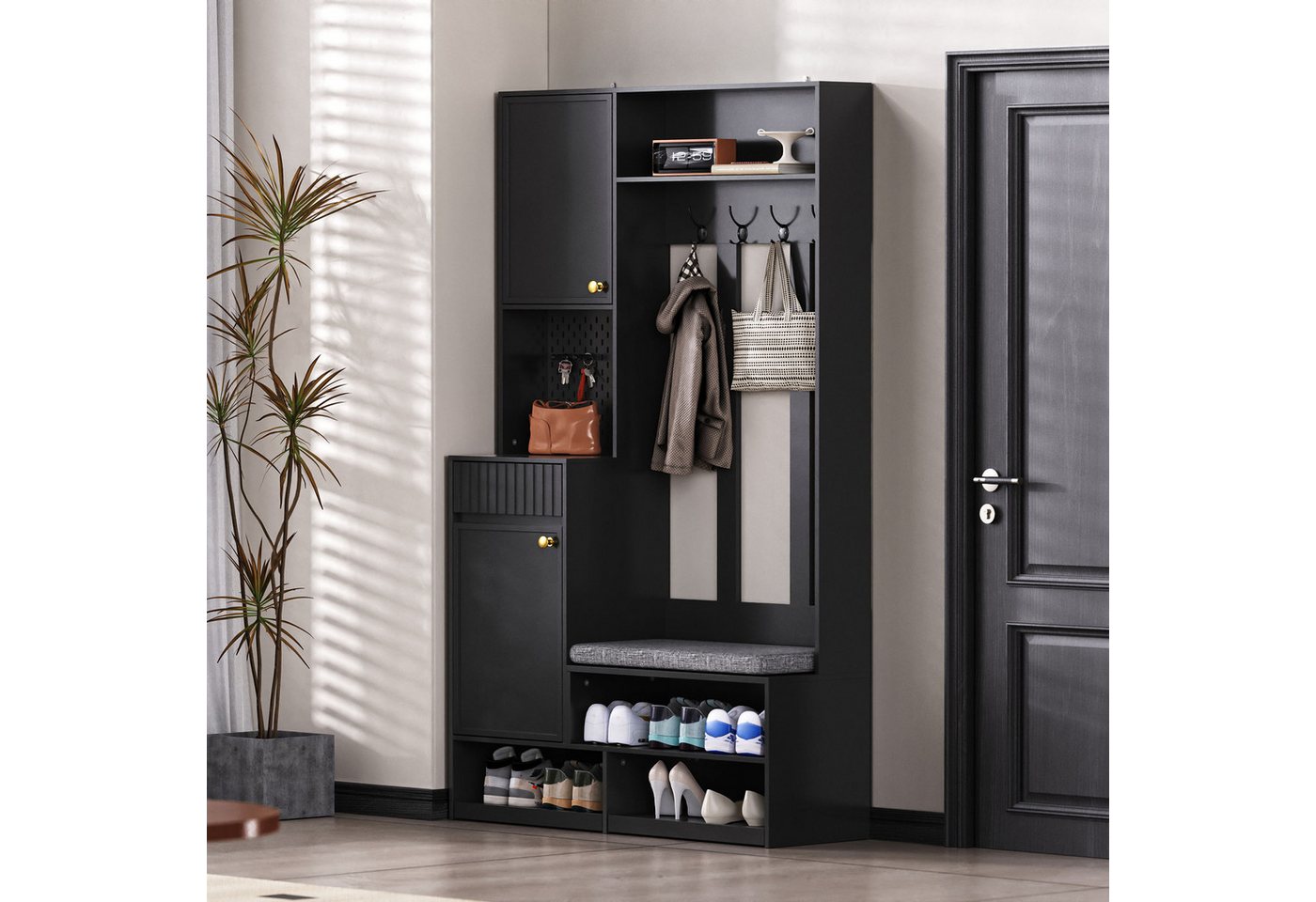 Merax Garderoben-Set Komplett-Set, (Kompaktgarderobe, 1-St), Flurgarderobe mit Sitzbank,4 Haken,Türen & Schubladen, B100×H180×T35cm – Bild 3 von 5