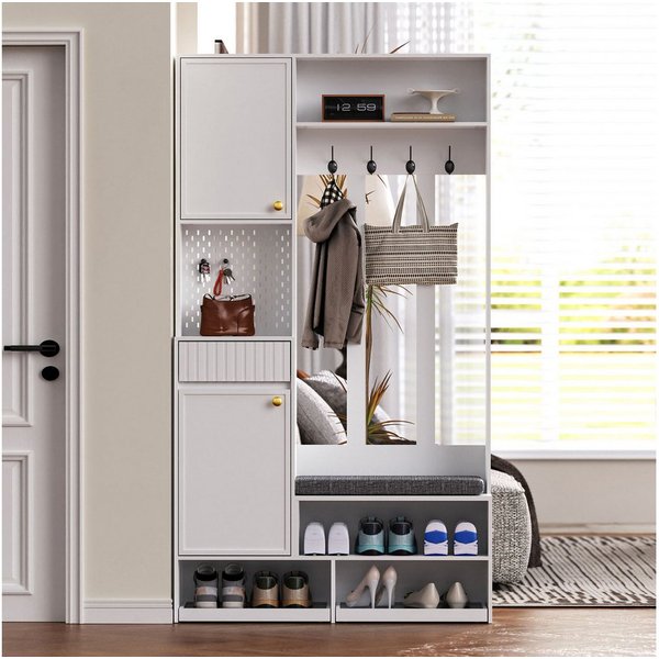 Merax Garderoben-Set Komplett-Set, (Kompaktgarderobe, 1-St), Flurgarderobe mit Sitzbank,4 Haken,Türen & Schubladen, B100×H180×T35cm