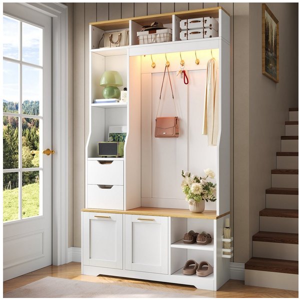 Merax Garderoben-Set mit LED-Beleuchtung, Sitzbank, Schuhschrank & Regenschirmhalter, (Eingangsbereich Flurgarderobe Flurmöbel-Set, 1-St., 100 x 32 x 186 cm), m