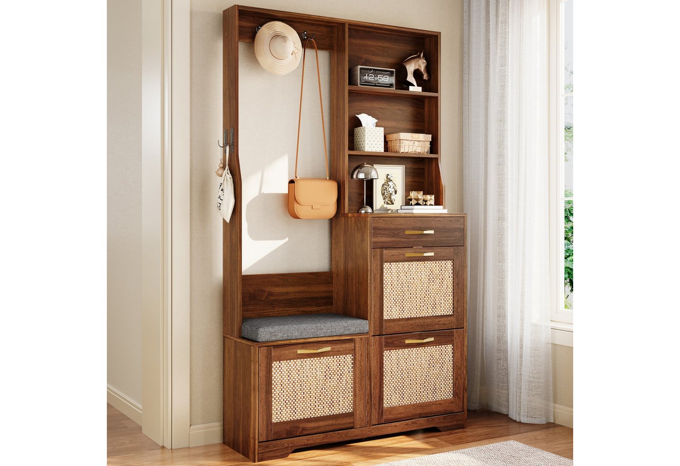 Merax Garderoben-Set mit Rattan-Front, Flurgarderobe mit Schuhschrank mit 3 Klappen, (1-St., 100 x 30 x 170 cm (L x B x H), Garderobenschrank mit Sitzbank,Kleid – Bild 3 von 5