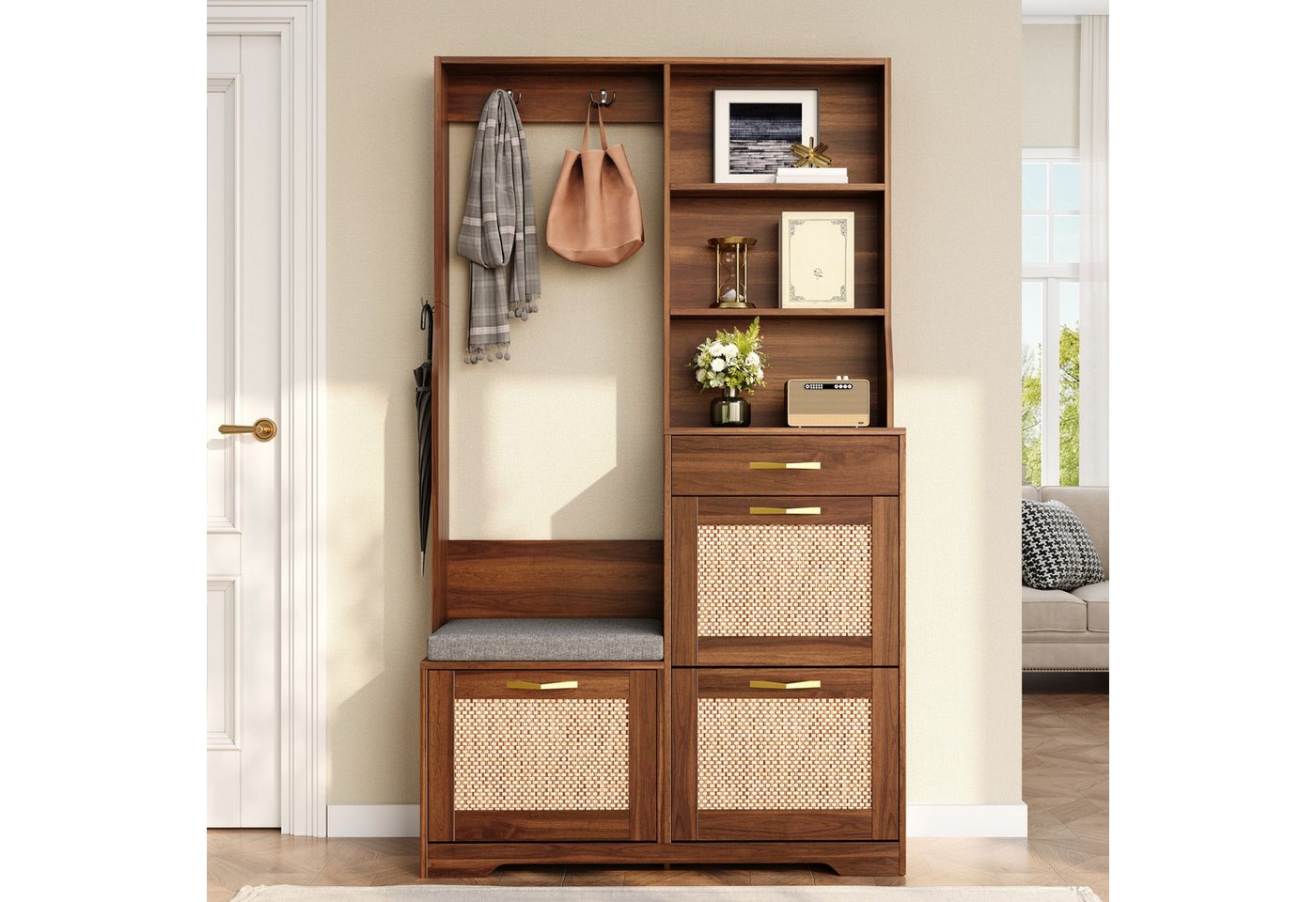 Merax Garderoben-Set mit Rattan-Front, Flurgarderobe mit Schuhschrank mit 3 Klappen, (1-St., 100 x 30 x 170 cm (L x B x H), Garderobenschrank mit Sitzbank,Kleid – Bild 4 von 5