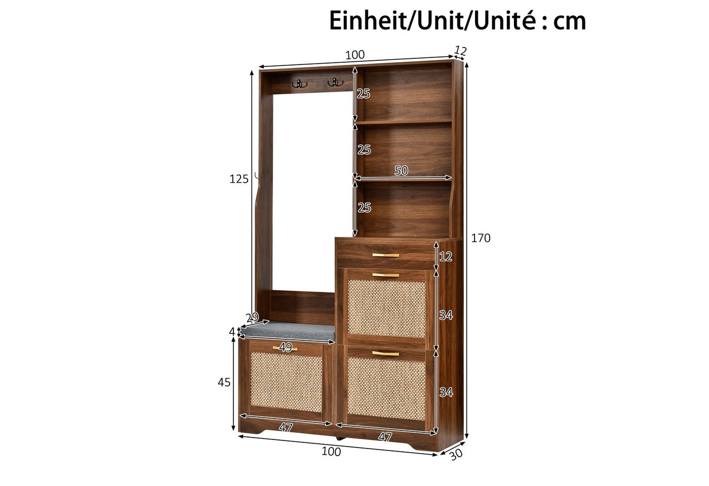 Merax Garderoben-Set mit Rattan-Front, Flurgarderobe mit Schuhschrank mit 3 Klappen, (1-St., 100 x 30 x 170 cm (L x B x H), Garderobenschrank mit Sitzbank,Kleid – Bild 5 von 5