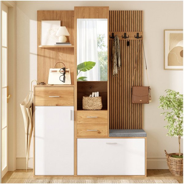 Merax Garderoben-Set mit Sitzbank, Schuhschrank, Spiegel, Klappschuhfach & Schubladen, (120 x 32 x 178 cm (L x B x H), 1-St), Kompaktgarderobe mit LED-Beleuchtu