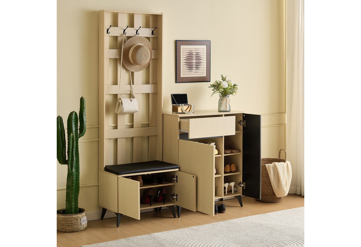 Merax Garderoben-Set mit Sitzbank und Sideboard, (1-St), Flurmöbel-Set mit Schuhschrank, Flurmöbel mit Stauraum und Schublade – Bild 2 von 5