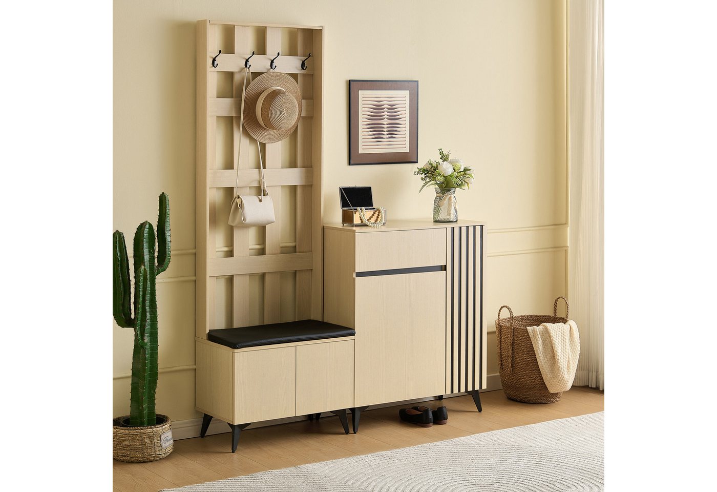 Merax Garderoben-Set mit Sitzbank und Sideboard, (1-St), Flurmöbel-Set mit Schuhschrank, Flurmöbel mit Stauraum und Schublade – Bild 3 von 5