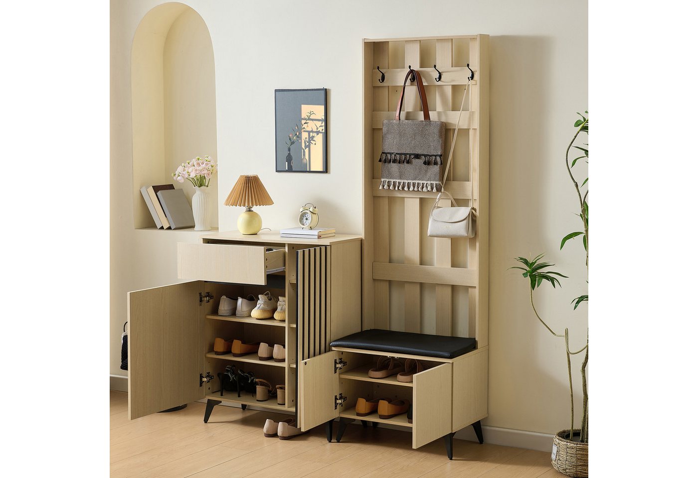 Merax Garderoben-Set mit Sitzbank und Sideboard, (1-St), Flurmöbel-Set mit Schuhschrank, Flurmöbel mit Stauraum und Schublade – Bild 4 von 5