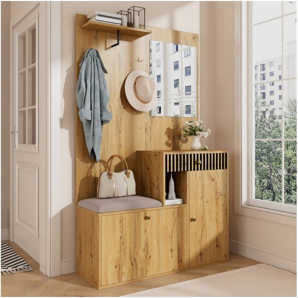 Merax Garderoben-Set mit Spiegel, Schuhschrank & Sitzkissen, (Garderobenkombination Möbelset für Eingangsbereich, 1-St., 110 x 185,5 x 37 cm), Flurgarderobe mit