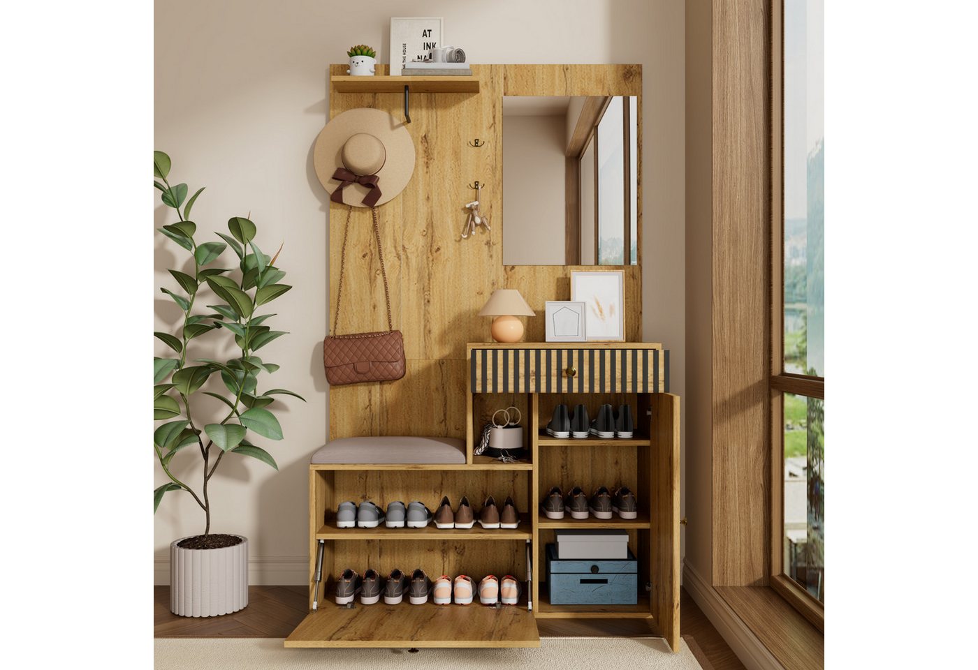 Merax Garderoben-Set mit Spiegel, Schuhschrank & Sitzkissen, (Garderobenkombination Möbelset für Eingangsbereich, 1-St., 110 x 185,5 x 37 cm), Flurgarderobe mit – Bild 2 von 5