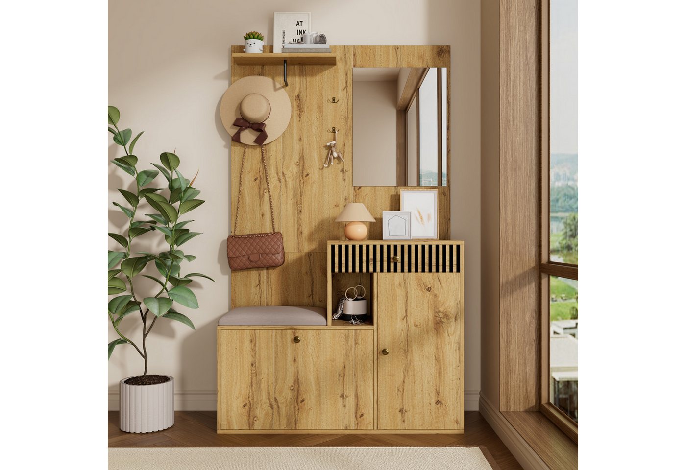 Merax Garderoben-Set mit Spiegel, Schuhschrank & Sitzkissen, (Garderobenkombination Möbelset für Eingangsbereich, 1-St., 110 x 185,5 x 37 cm), Flurgarderobe mit – Bild 3 von 5