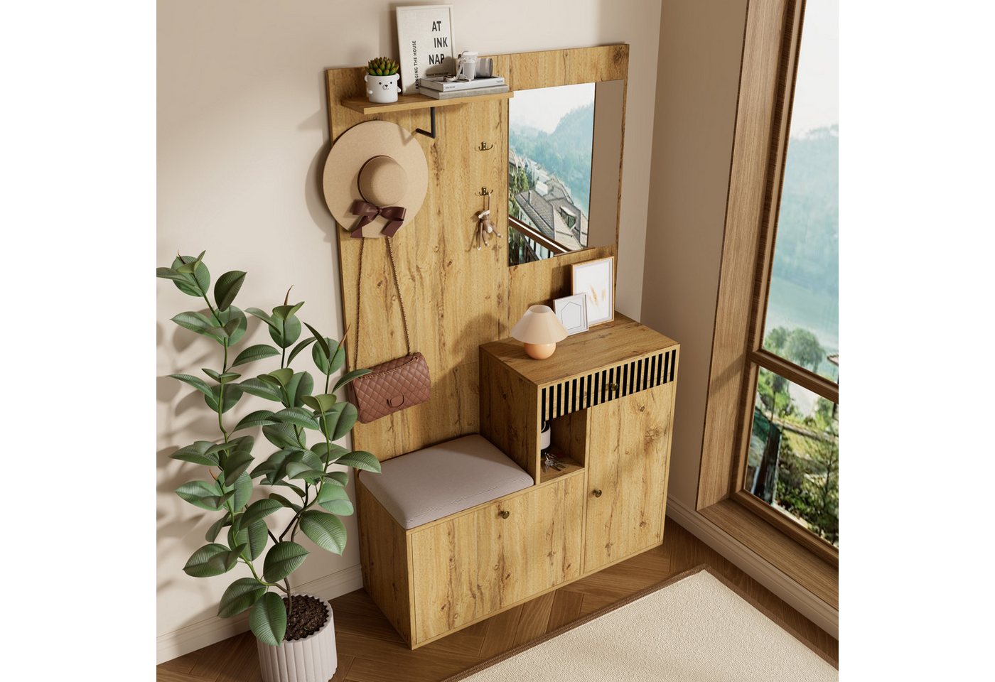 Merax Garderoben-Set mit Spiegel, Schuhschrank & Sitzkissen, (Garderobenkombination Möbelset für Eingangsbereich, 1-St., 110 x 185,5 x 37 cm), Flurgarderobe mit – Bild 4 von 5