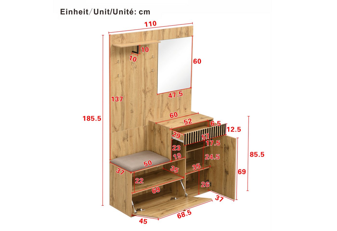 Merax Garderoben-Set mit Spiegel, Schuhschrank & Sitzkissen, (Garderobenkombination Möbelset für Eingangsbereich, 1-St., 110 x 185,5 x 37 cm), Flurgarderobe mit – Bild 5 von 5