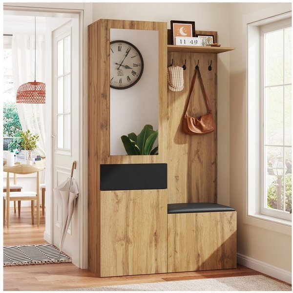 Merax Garderoben-Set mit Spiegel, 5 Haken und Schuhschrank, (Garderobenkombination in Holzoptik mit Schwarz, 1-St), Flurgarderobe mit Sitzbank,Ablagefächern & E