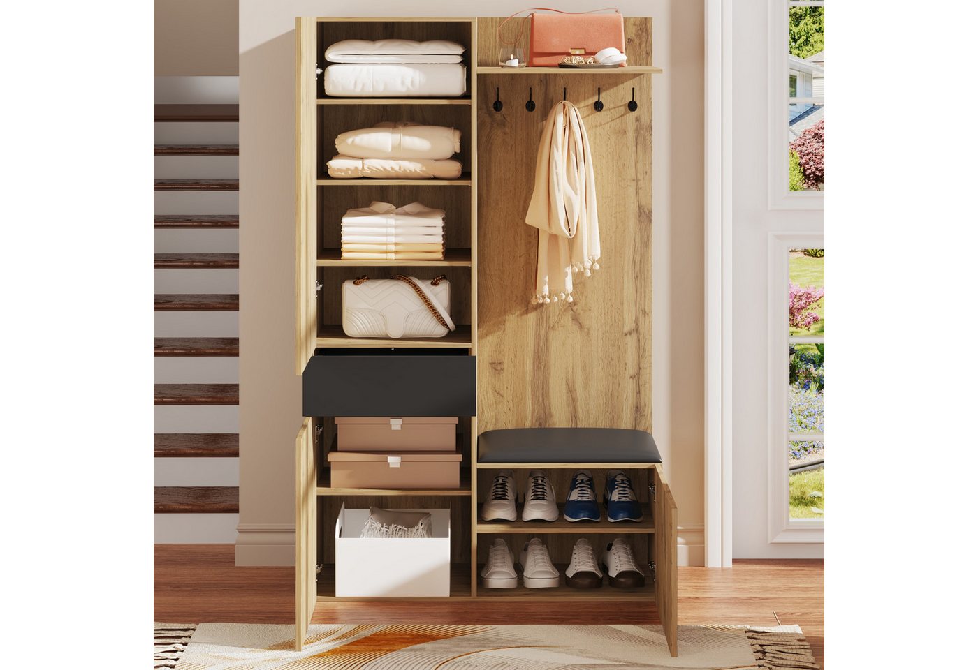 Merax Garderoben-Set mit Spiegel, 5 Haken und Schuhschrank, (Garderobenkombination in Holzoptik mit Schwarz, 1-St), Flurgarderobe mit Sitzbank,Ablagefächern & E – Bild 2 von 5