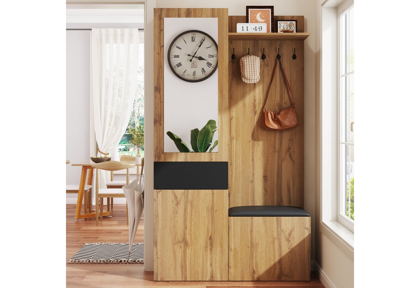 Merax Garderoben-Set mit Spiegel, 5 Haken und Schuhschrank, (Garderobenkombination in Holzoptik mit Schwarz, 1-St), Flurgarderobe mit Sitzbank,Ablagefächern & E – Bild 3 von 5