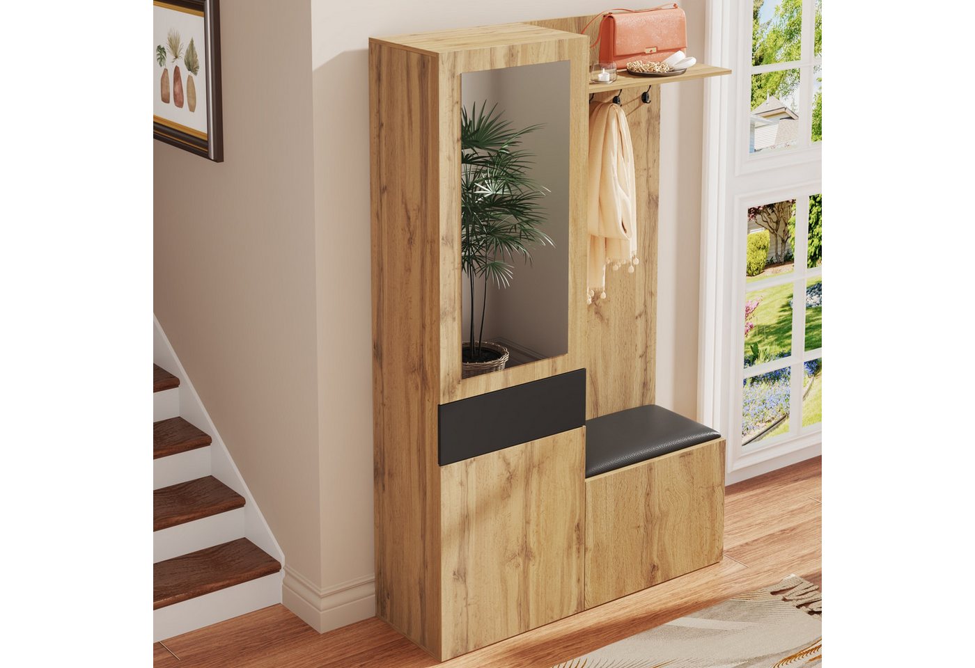 Merax Garderoben-Set mit Spiegel, 5 Haken und Schuhschrank, (Garderobenkombination in Holzoptik mit Schwarz, 1-St), Flurgarderobe mit Sitzbank,Ablagefächern & E – Bild 4 von 5